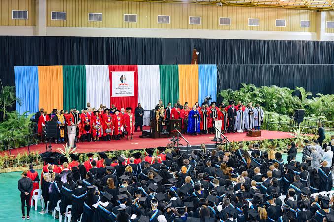 Wide graduation ceremony stage and audience